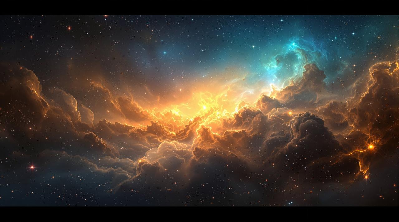 免费看视频 - 浩瀚星空背景，金色与青色星云交织，群星闪烁
